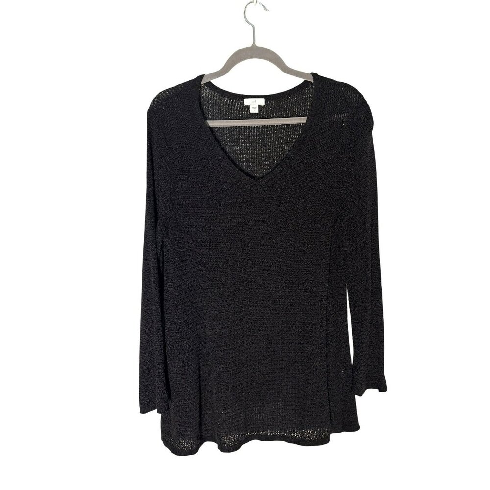 J. Jill Black Open Knit Linen Blend V-Neck Long Sleeve Lightweight Sweater L